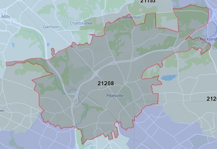 Focused Map View On Lochearn, MD, Featuring Zip Code 21208.