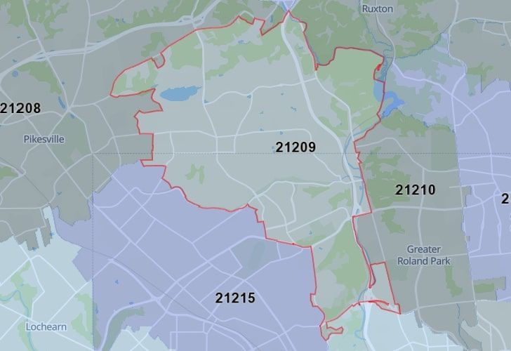 Focused Map View On Towson, MD, Featuring Zip Code 21209.