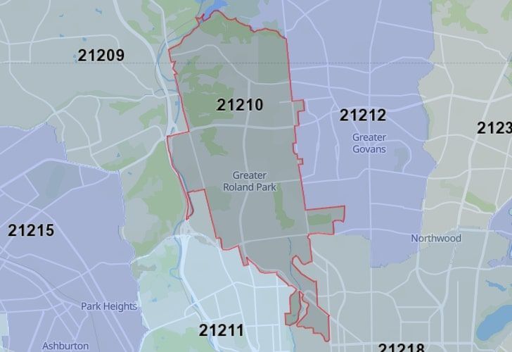 Focused Map View On Towson, MD, Featuring Zip Code 21210.