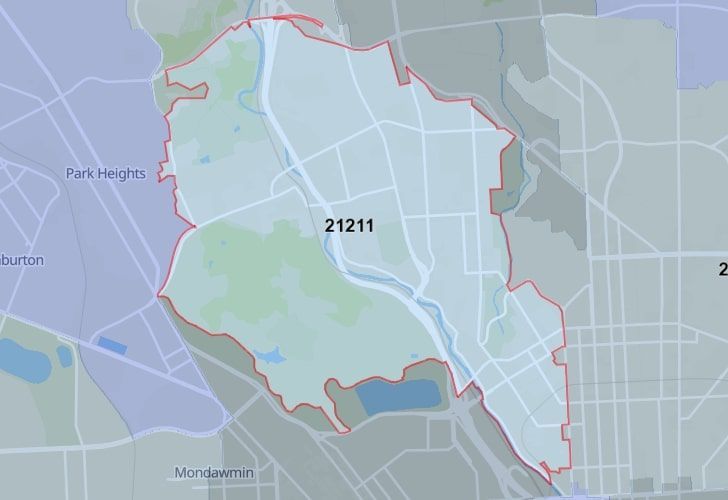 Focused Map View On Baltimore, MD, Featuring Zip Code 21211.