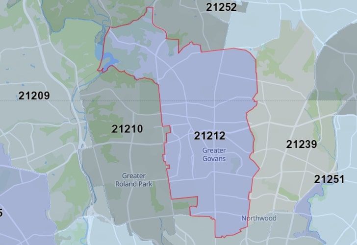 Focused Map View On Towson, MD, Featuring Zip Code 21212.