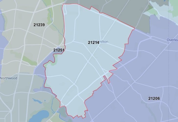 Focused Map View On Baltimore, MD, Featuring Zip Code 21214.