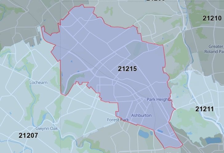Focused Map View On Baltimore, MD, Featuring Zip Code 21215.