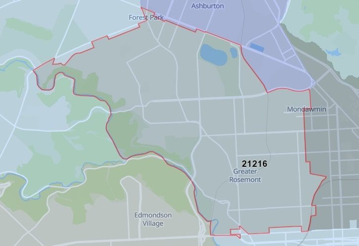 Focused Map View On Baltimore, MD, Featuring Zip Code 21216.