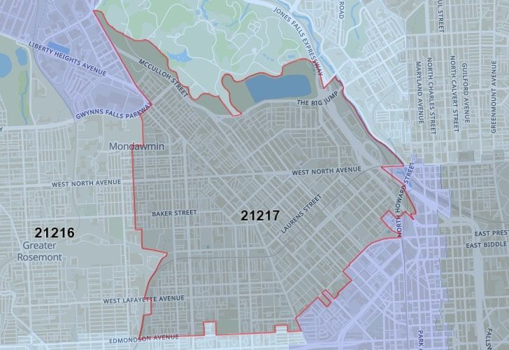 Focused Map View On Baltimore, MD, Featuring Zip Code 21217.