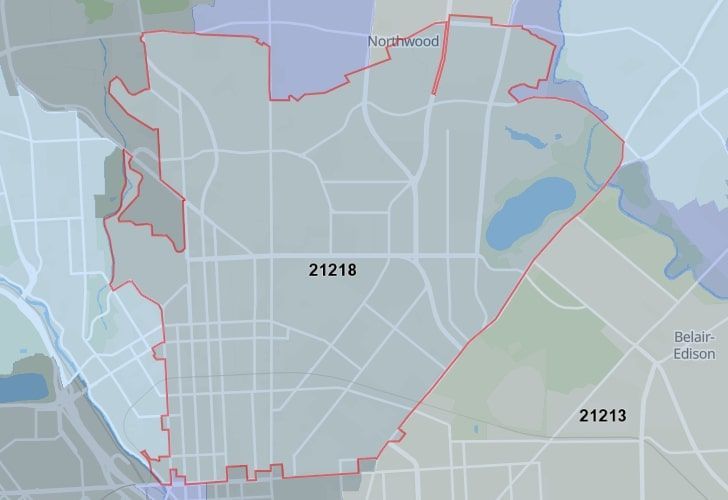 Focused Map View On Baltimore, MD, Featuring Zip Code 21218.