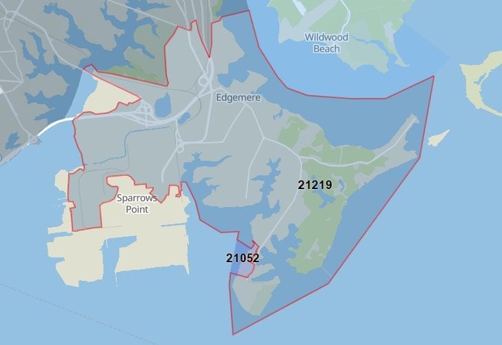 Focused Map View On Sparrows Point, MD, Featuring Zip Code 21219.