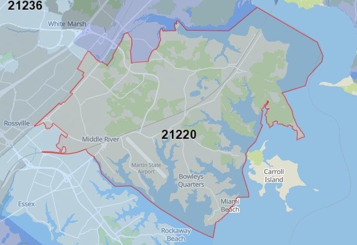 Focused Map View On Middle River, MD, Featuring Zip Code 21220.