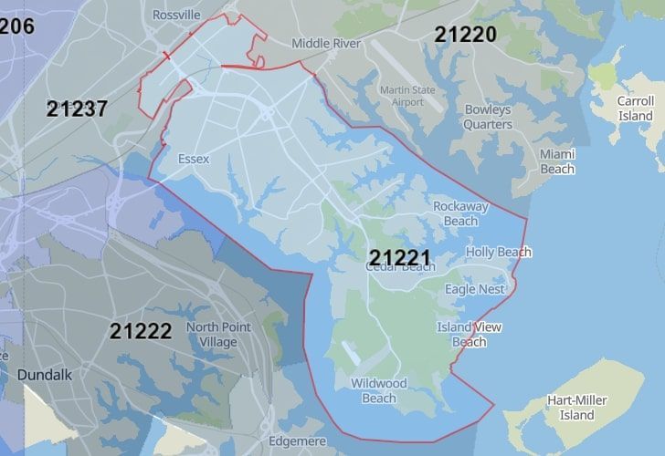 Focused Map View On Middle River, MD, Featuring Zip Code 21221.