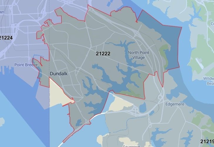 Focused Map View On Dundalk, MD, Featuring Zip Code 21222.