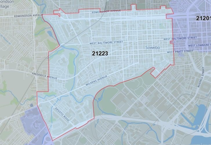 Focused Map View On Baltimore, MD, Featuring Zip Code 21223.