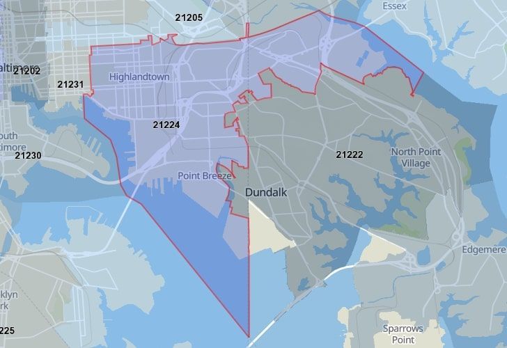 Focused Map View On Baltimore, MD, Featuring Zip Code 21224.