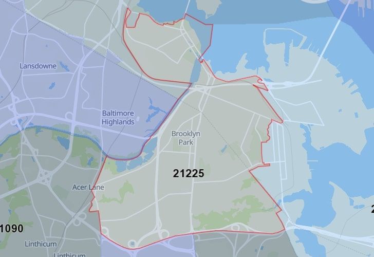 Focused Map View On Lansdowne, MD, Featuring Zip Code 21225.