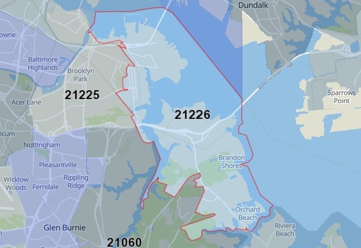 Glen Burnie, Maryland Map With A Central Spotlight On 21226 Zip.