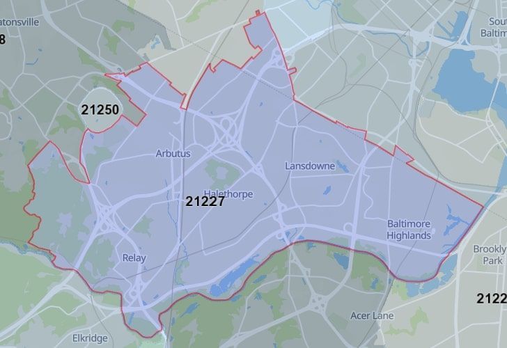 Focused Map View On Lansdowne, MD, Featuring Zip Code 21227.