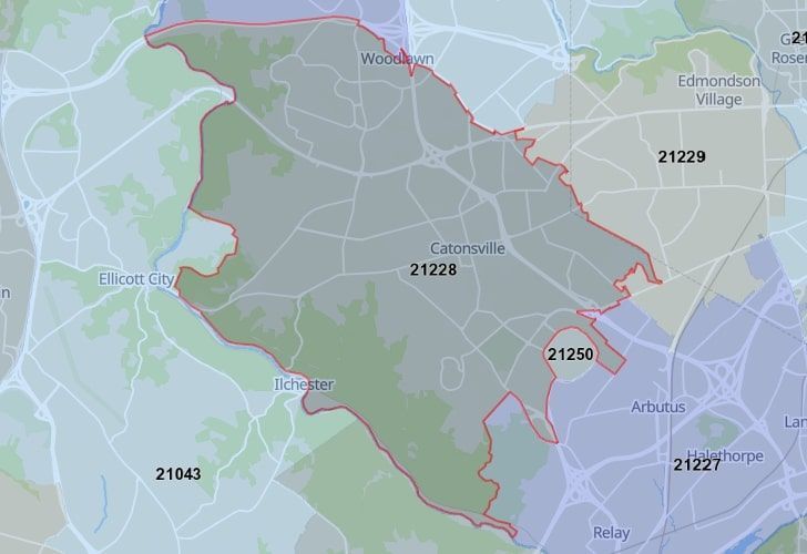 Focused Map View On Woodlawn, MD, Featuring Zip Code 21228.