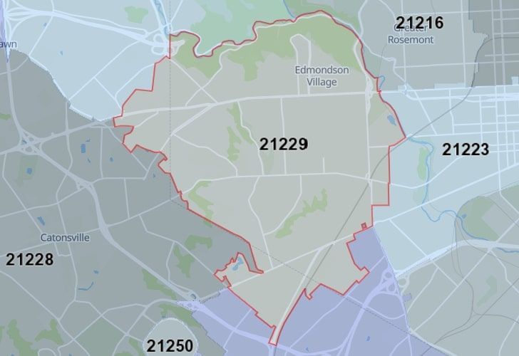 Focused Map View On Baltimore, MD, Featuring Zip Code 21229.