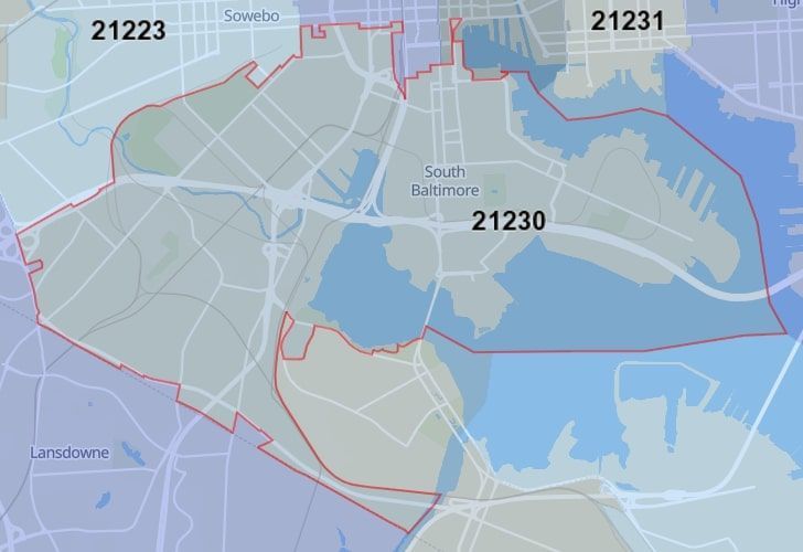 Focused Map View On Baltimore, MD, Featuring Zip Code 21230.