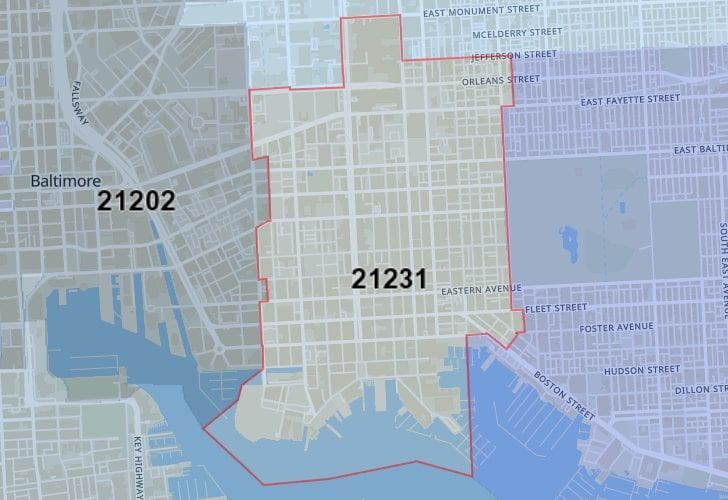 Focused Map View On Baltimore, MD, Featuring Zip Code 21231.
