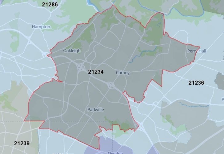 Focused Map View On Overlea, MD, Featuring Zip Code 21234.