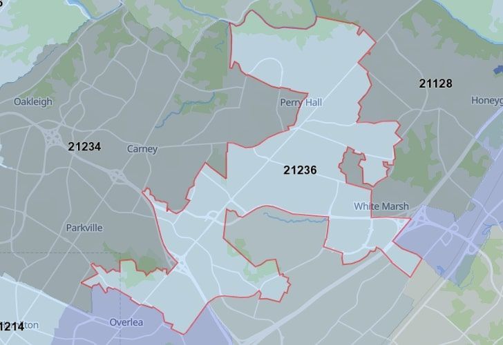 Focused Map View On Overlea, MD, Featuring Zip Code 21236.