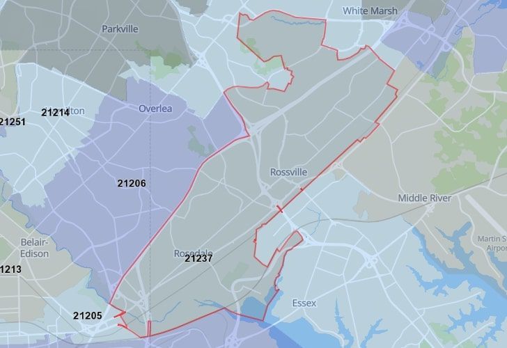Focused Map View On White Marsh, MD, Featuring Zip Code 21237.