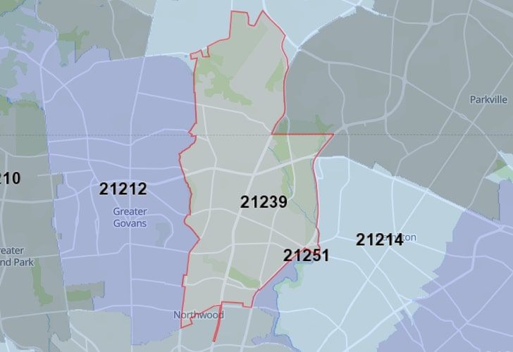 Focused Map View On Towson, MD, Featuring Zip Code 21239.