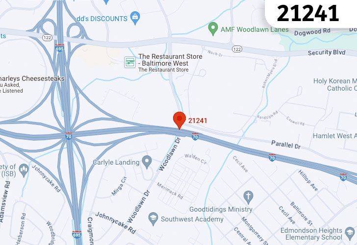Focused Map View On Woodlawn, MD, Featuring Zip Code 21241.