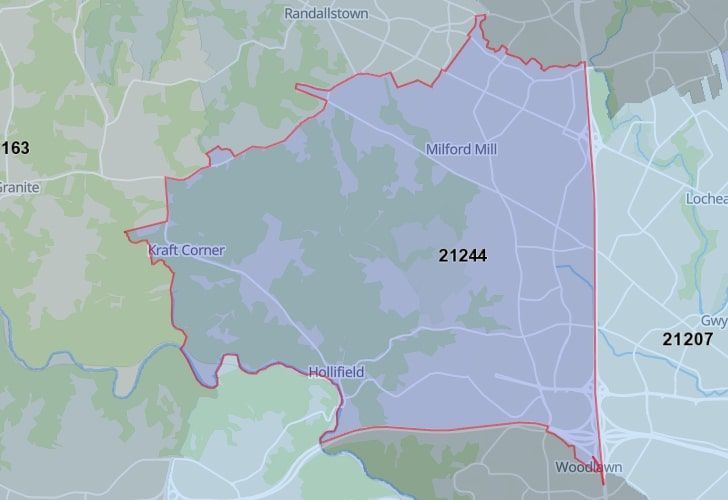 Focused Map View On Woodlawn, MD, Featuring Zip Code 21244.