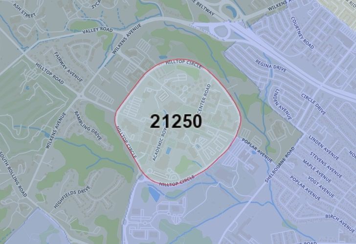 Focused Map View On Catonsville, MD, Featuring Zip Code 21250.