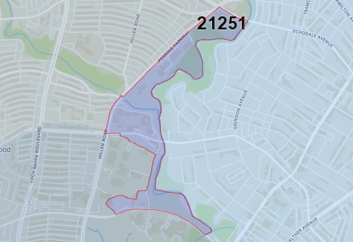 Focused Map View On Baltimore, MD, Featuring Zip Code 21251.