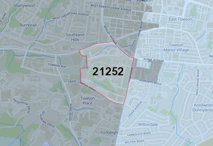 Focused Map View On Towson, MD, Featuring Zip Code 21252.