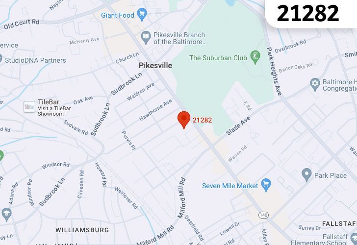Focused Map View On Pikesville, MD, Featuring Zip Code 21282.