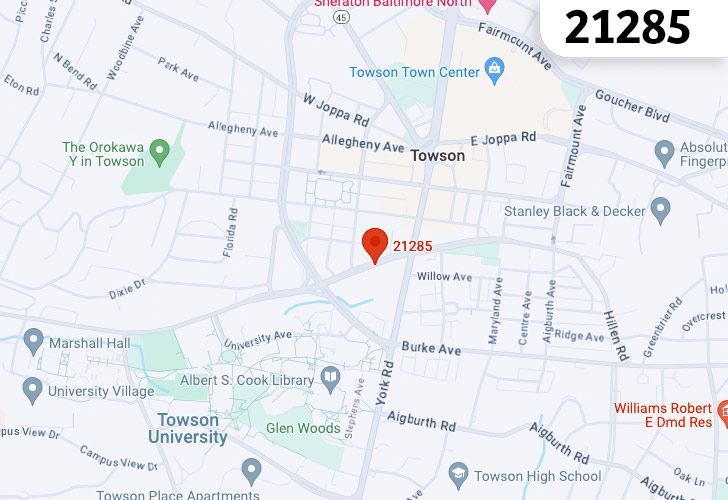 Focused Map View On Towson, MD, Featuring Zip Code 21285.