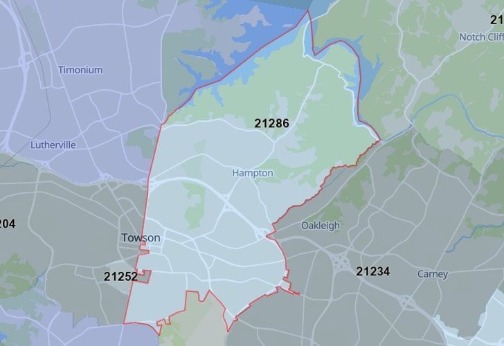 Focused Map View On Towson, MD, Featuring Zip Code 21286.