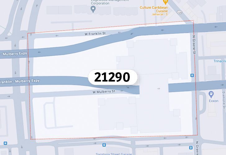 Focused Map View On Baltimore, MD, Featuring Zip Code 21290.