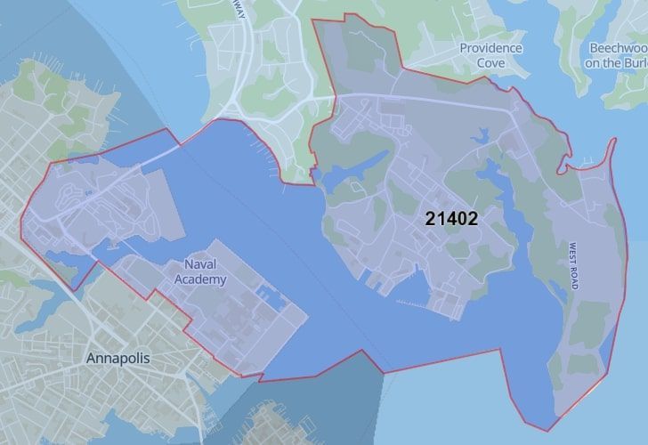 Annapolis, Maryland Map With A Central Spotlight On 21402 Zip.