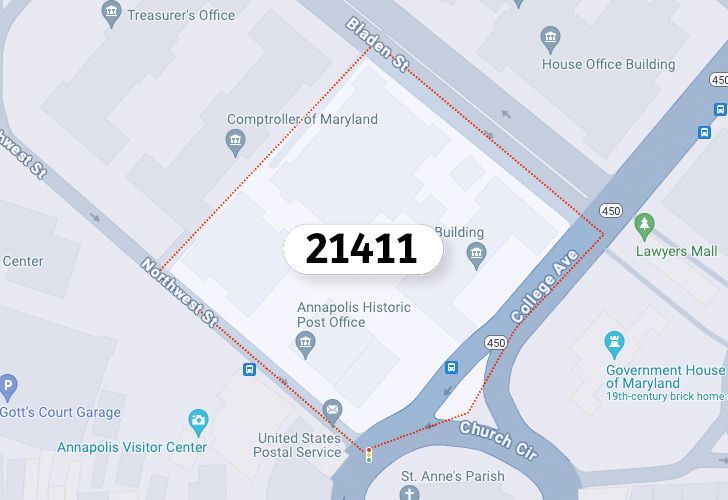 Annapolis, Maryland Map With A Central Spotlight On 21411 Zip.