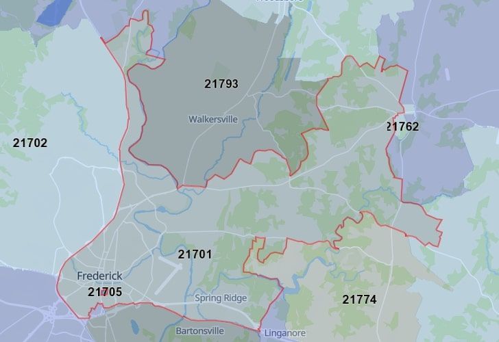 A Map Of Frederick In Frederick County, MD, Showing The Zip Code 21701.