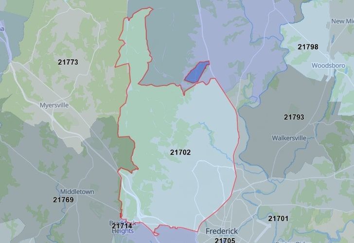 A Map Of Frederick In Frederick County, MD, Showing The Zip Code 21702.