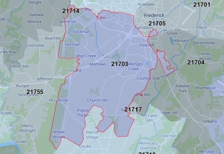 A Map Of Frederick In Frederick County, MD, Showing The Zip Code 21703.