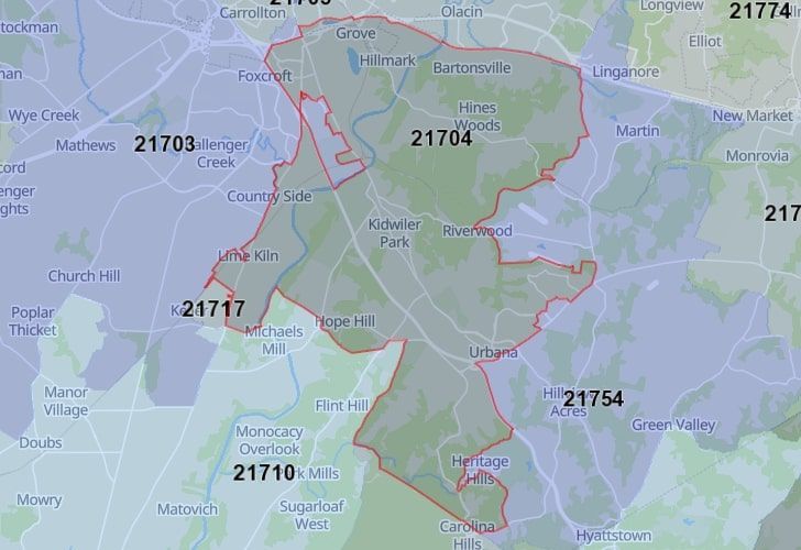 A Map Of Frederick In Frederick County, MD, Showing The Zip Code 21704.