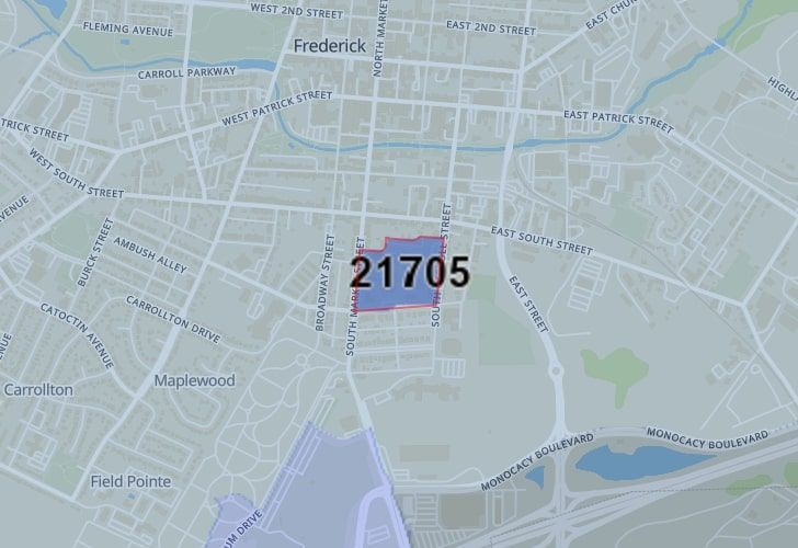 A Map Of Frederick In Frederick County, MD, Showing The Zip Code 21705.