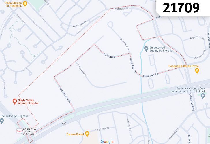 A Map Of Frederick In Frederick County, MD, Showing The Zip Code 21709.