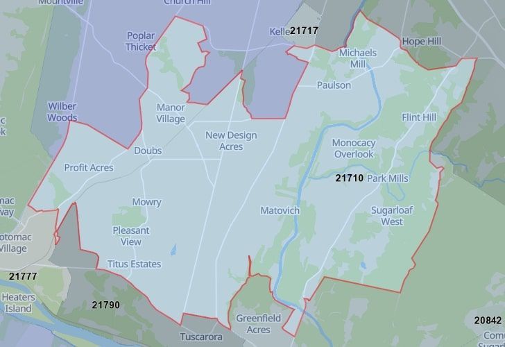 A Map Of Adamstown In Frederick County, MD, Showing The Zip Code 21710.