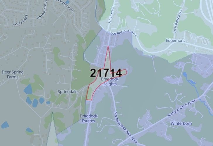 A Map Of Braddock Heights In Frederick County, MD, Showing The Zip Code 21714.