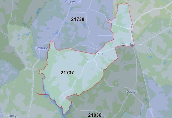 A Map Of Glenelg, Howard County, MD, Highlighting The 21737 Zip Code.