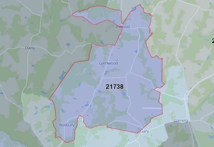 A Map Of Glenwood, Howard County, MD, Highlighting The 21738 Zip Code.
