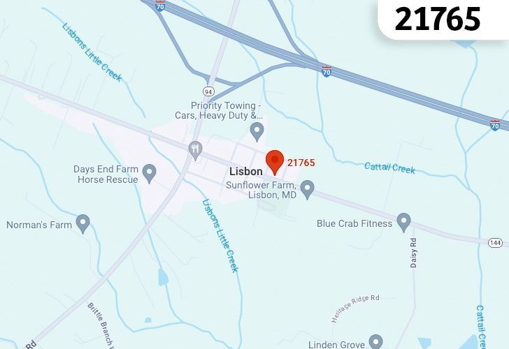 A Map Of Lisbon, Howard County, MD, Highlighting The 21765 Zip Code.