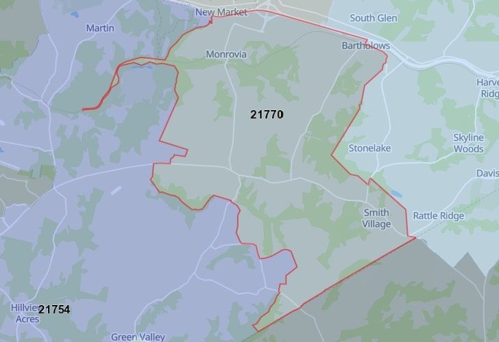 A Map Of Green Valley In Frederick County, MD, Showing The Zip Code 21770.